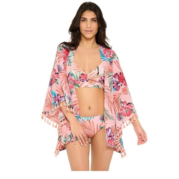 Freshwater Tassel Trim Swim Cover Up Kimono Pink Floral | 2X - Picture 1 of 7